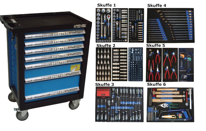 BATO Værktøjsvogn med 7 skuffer. 6 skuffer med 461 dele værktøj. Model 9137-461. Blå