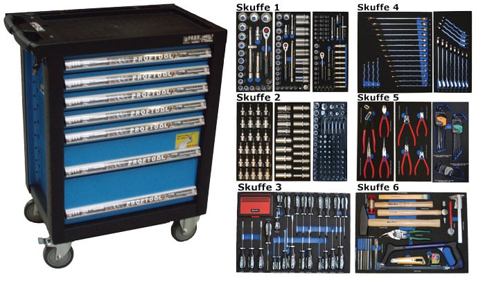 BATO Værktøjsvogn med 7 skuffer. 6 skuffer med 468 dele værktøj. Model 9137-468. Blå