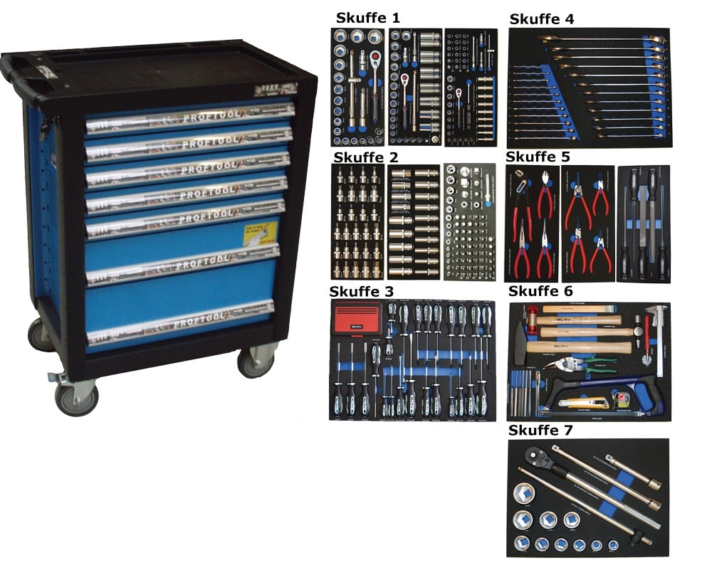 BATO Værktøjsvogn med 7 skuffer med 450 dele værktøj. Model 9137-450. Blå