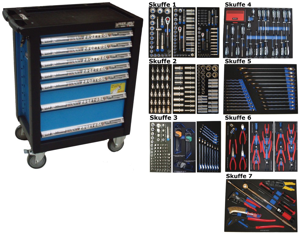 BATO Værktøjsvogn med 7 skuffer med 486 dele værktøj. Model 9137-486. Blå