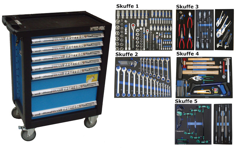 BATO Værktøjsvogn TOMMER med 7 skuffer. 5 skuffer med 208 dele værktøj. Model 9137-208T. Blå
