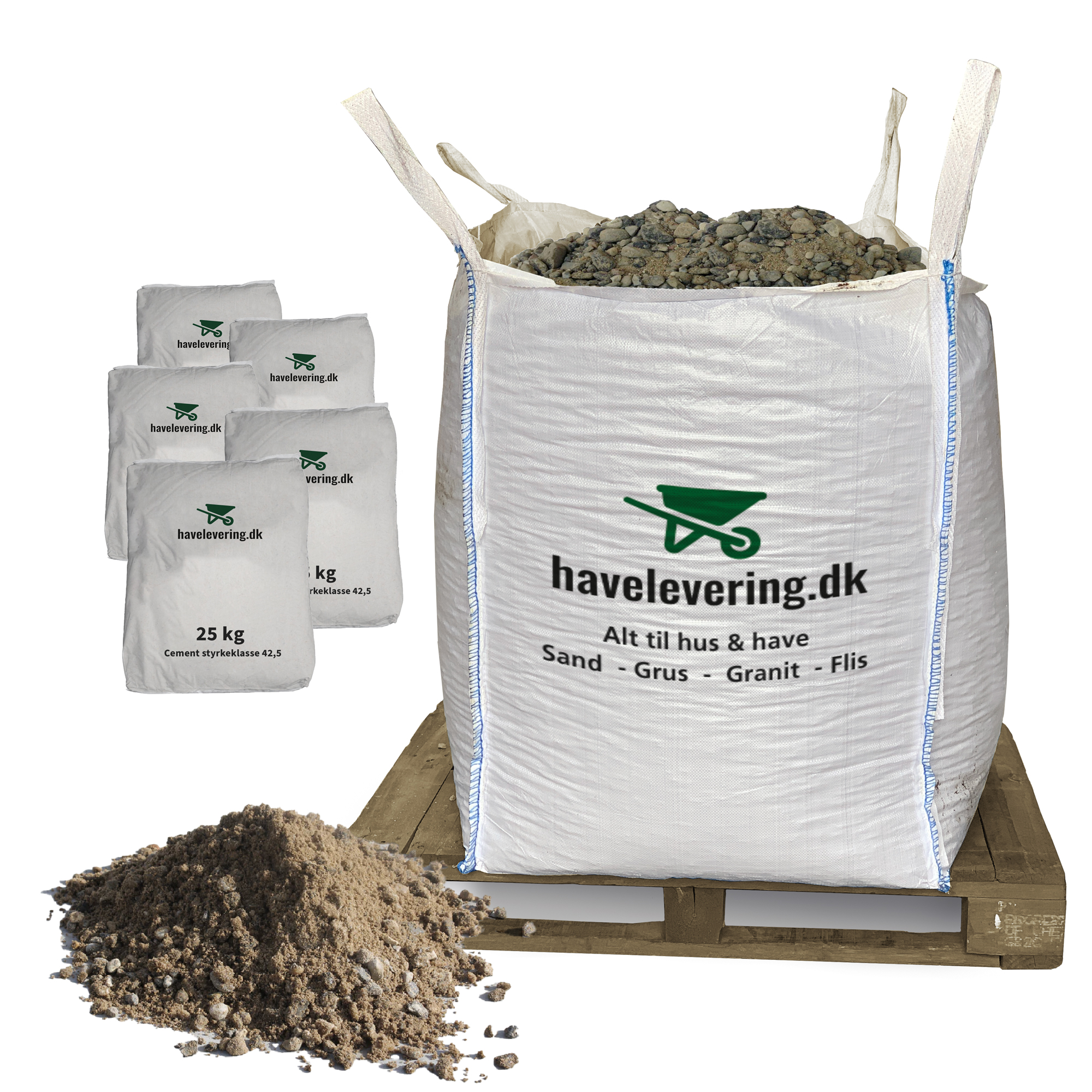 1000kg Støbemix 0/11 + 125kg cement. Frit leveret i hele Danmark.