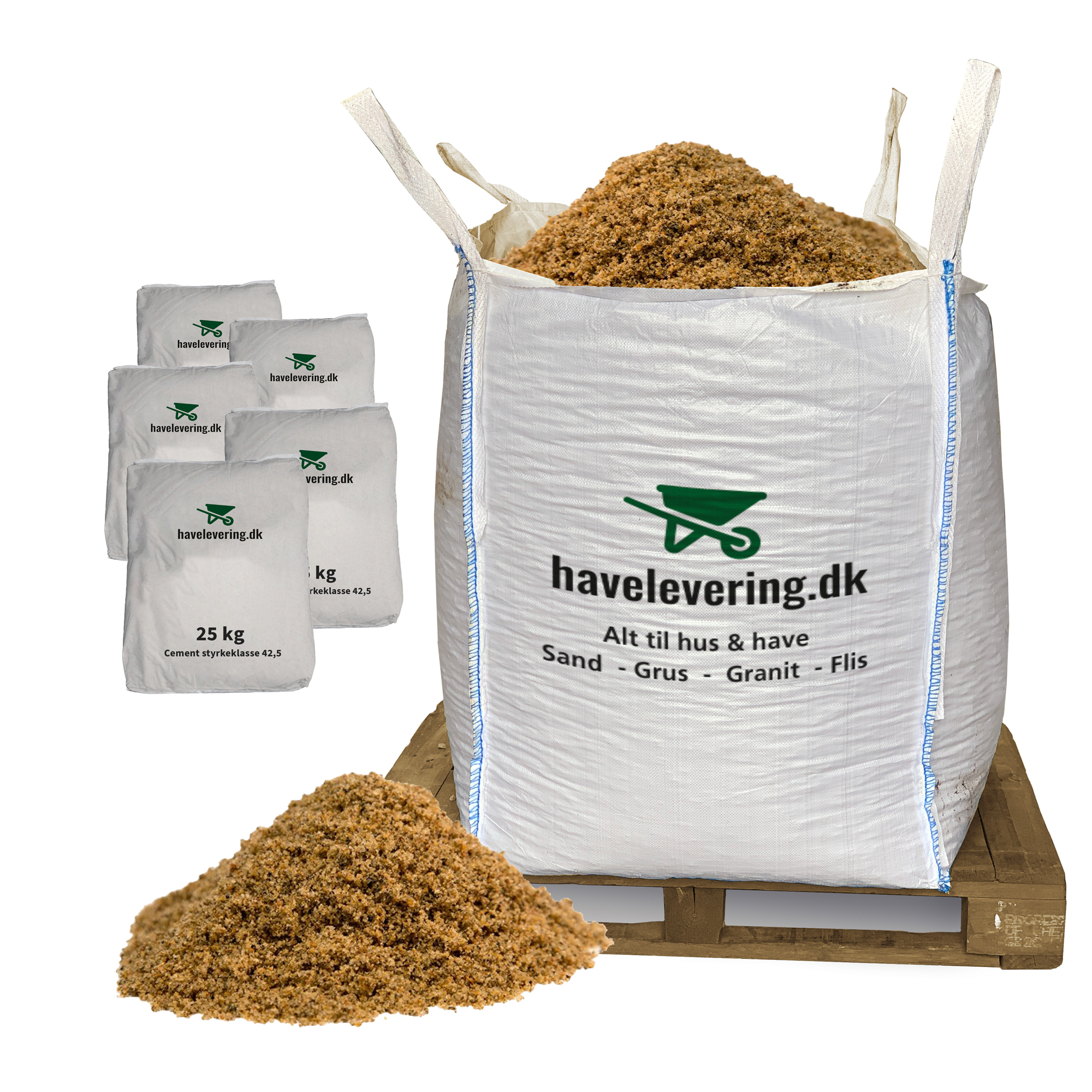 1000Kg Murersand/støbesand 0 - 2 mm + 125kg cement. Frit leveret i hele Danmark.