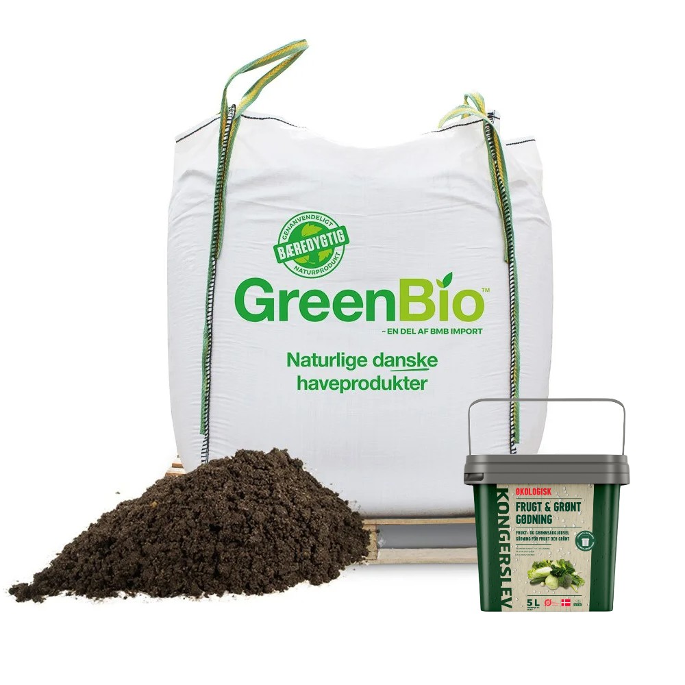 Højbedsmuld 1000L + 5L Økologisk frugt- og grøntsagsgødning. Frit leveret i hele Danmark.