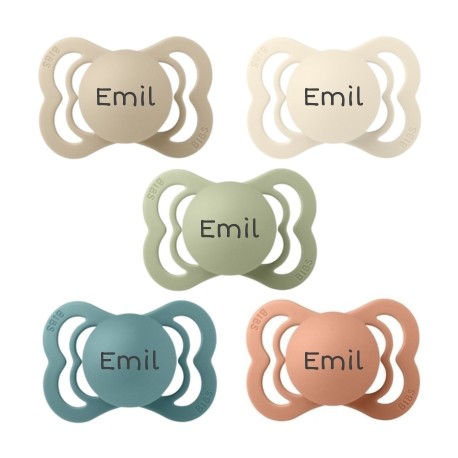 Bibs Supreme, Str. 1 (0-6 Mdr.), Symmetrisk - Silikone, Sutter Med Navn , 5-pak