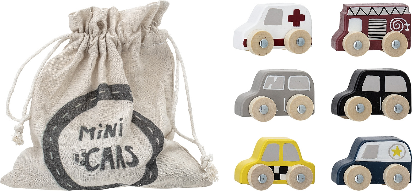 Legetøjsbilsæt Bloomingville Mini Avin i MDF grå 4 x 4 x 6 cm med stofpose