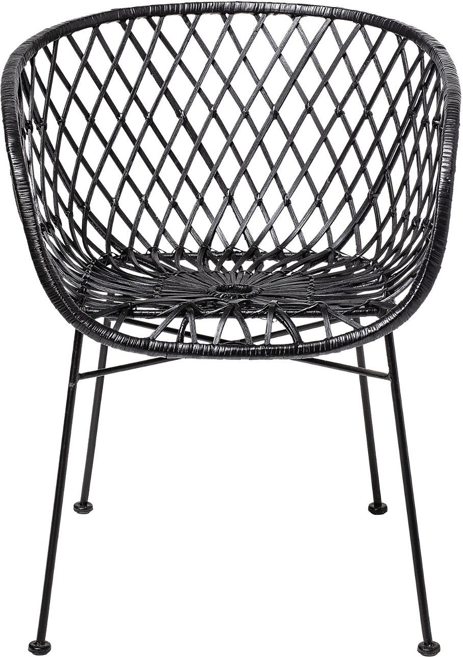 Loungestol Bloomingville Cozy - sort flettet rattan lænestol med metalben