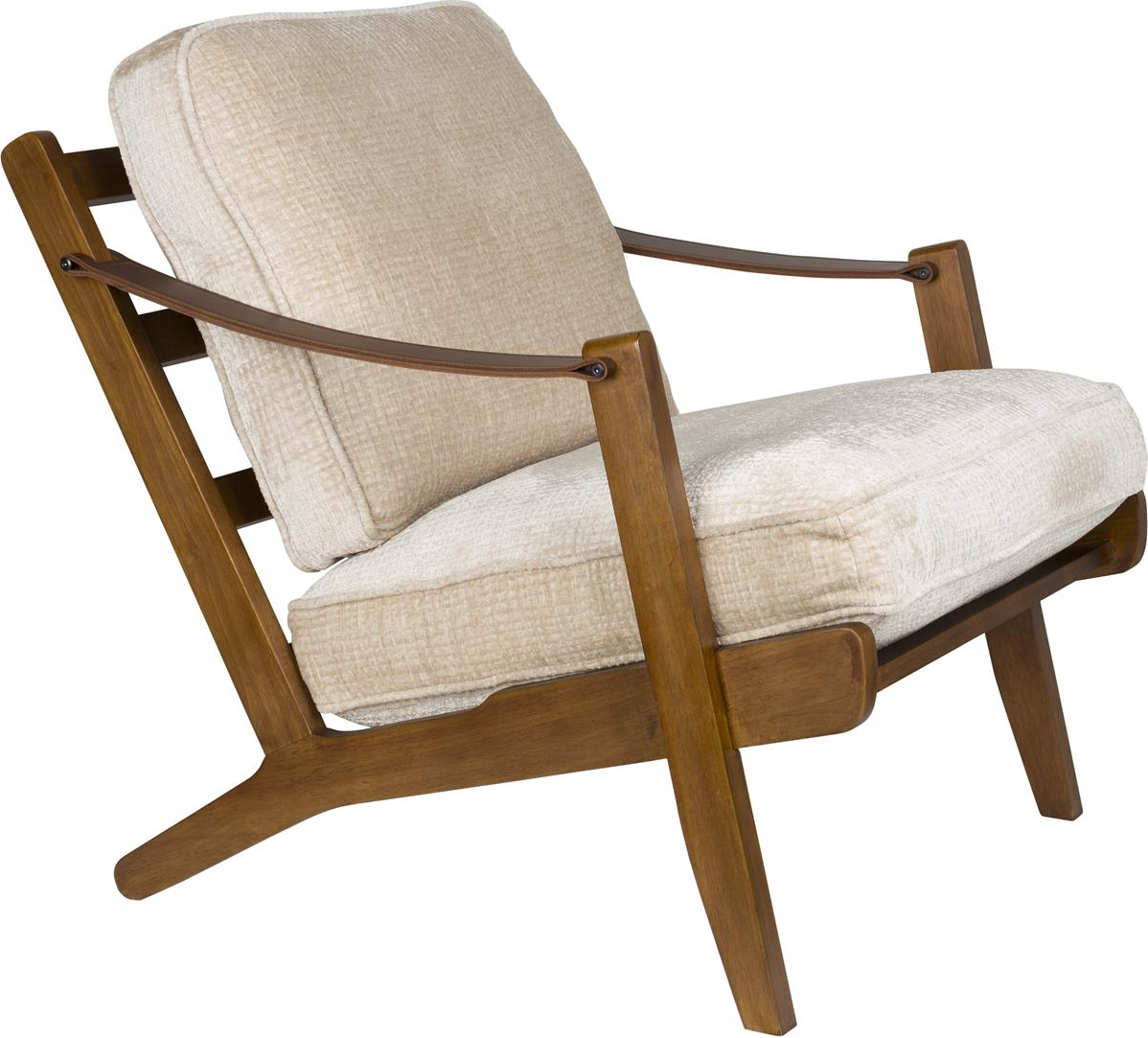 Loungestol lænestol Dutchbone Washington lysgrå polyester med gummitræstel og læderarmlæn 79x67x90 cm