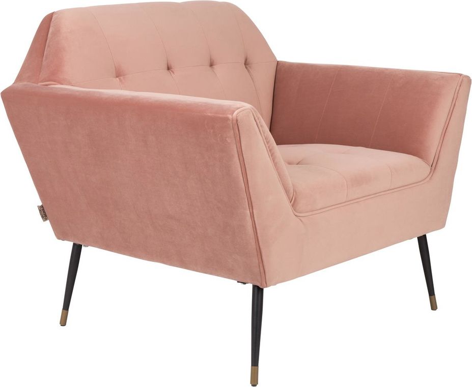 Loungestol/lænestol Dutchbone Kate støvet rosa H80×B95×L79 cm Art Deco design med sorte jernben