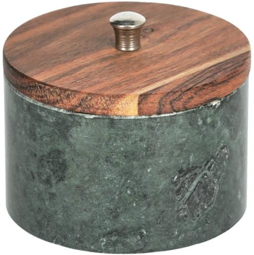 Lille krukke Kave Home Karla i grøn marmor med akacietræslåg Ø9,5 cm