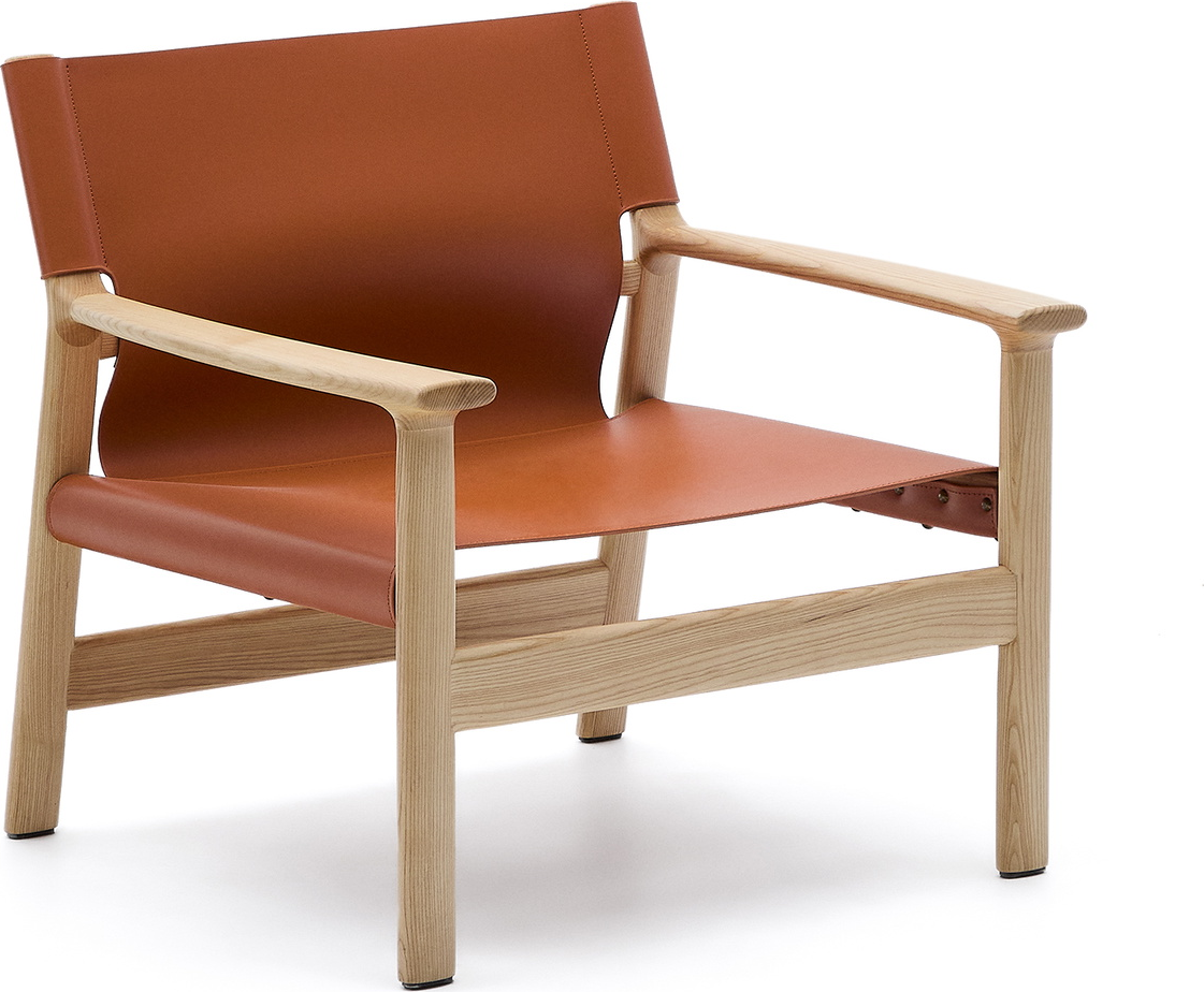 Loungestol Kave Home Jan, asketræ og genanvendt læder, orange, rustik lænestol