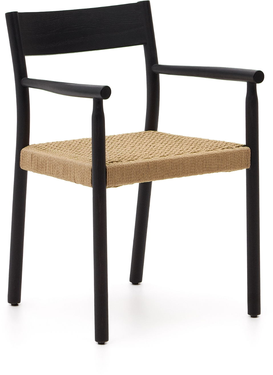 Spisebordsstol med armlæn Kave Home Yalia sortmalet egetræ håndflettet papirreb