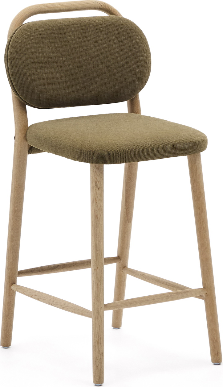 Barstol Kave Home Helda i massivt olieret egetræ med grøn stofpolstring H96xB46xD50 cm