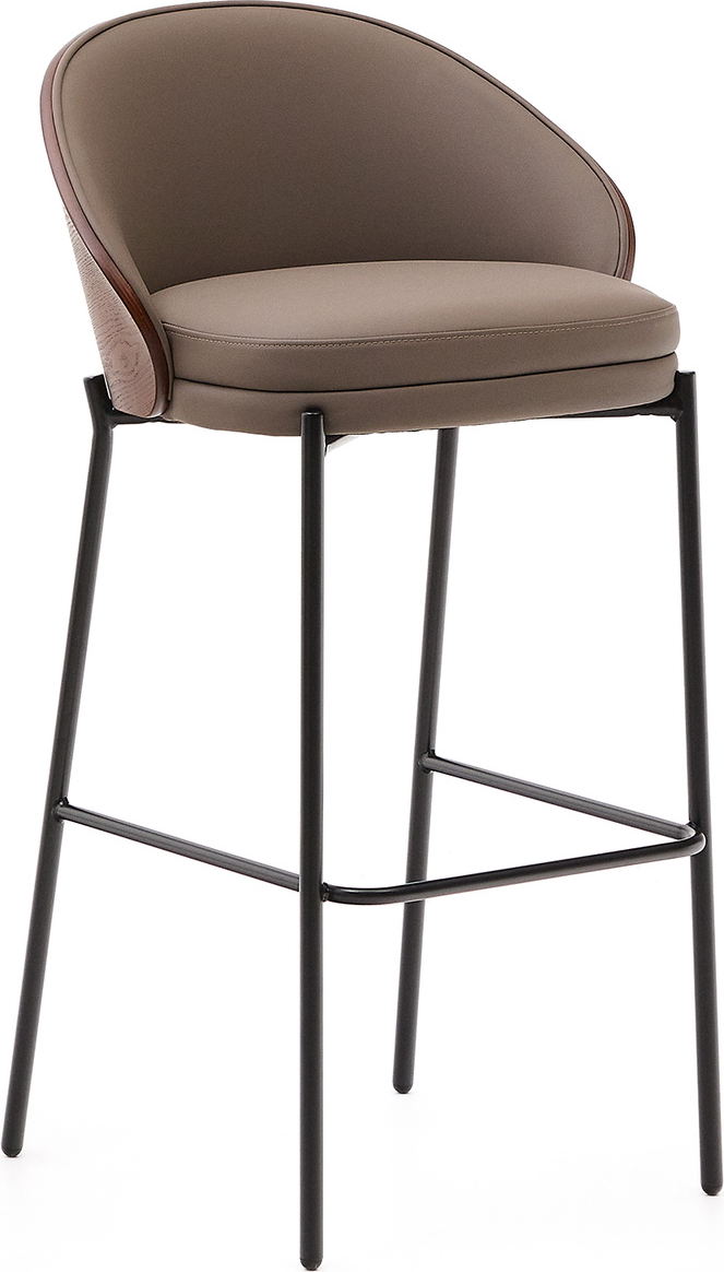 Barstol Kave Home Eamy, køkkenbarstol i brun syntetisk læder med valnød ryglæn og sort metalstel H98 cm