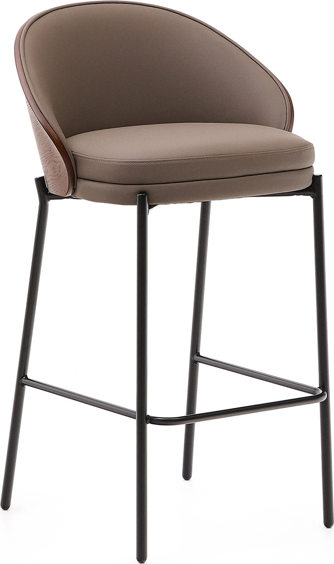 Barstol Kave Home Eamy i brun faux-læder med valnød-ryglæn og sortmalet metalstel