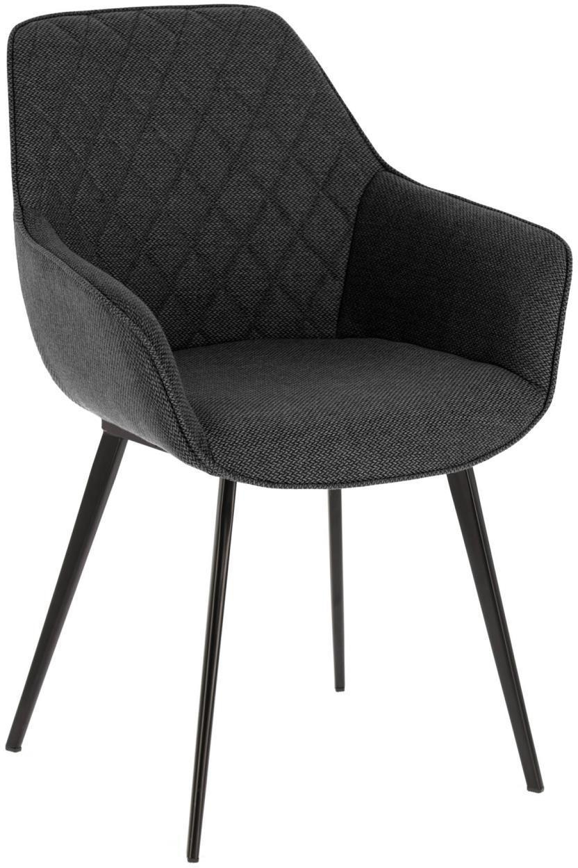 Kave Home Aminy polstret spisebordsstol med armlæn i mørkegråt twill og sort stålstel