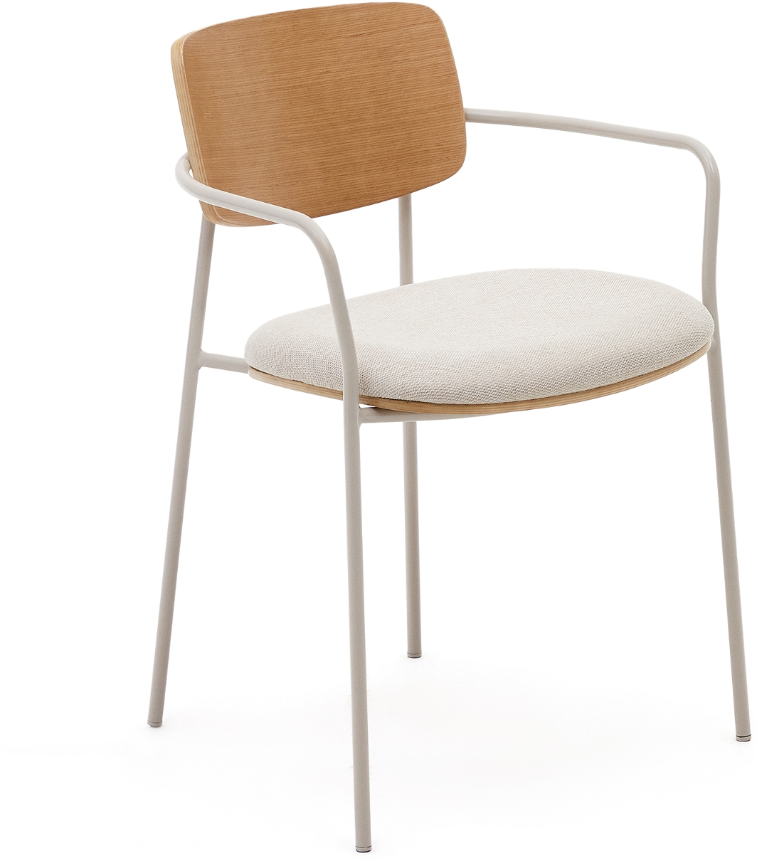 Spisebordsstol Kave Home Maureen med armlæn beige chenillepolstret sæde & sort metalstel