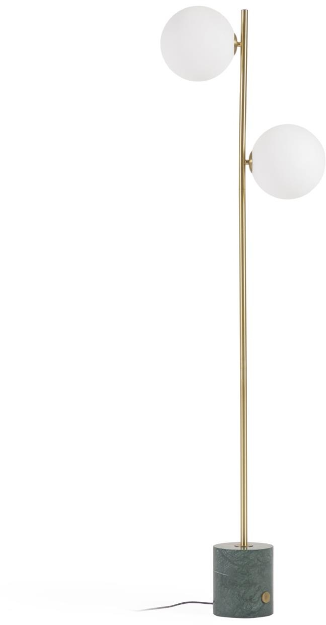 Gulvlampe Kave Home Lonela i grøn marmor med frostet glaskugle og guldfinish H161 cm