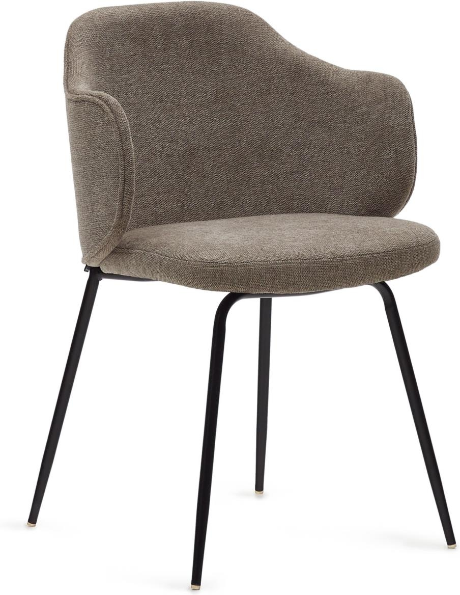 Spisebordsstol Kave Home Yunia med armlæn i brun chenille med sort stel