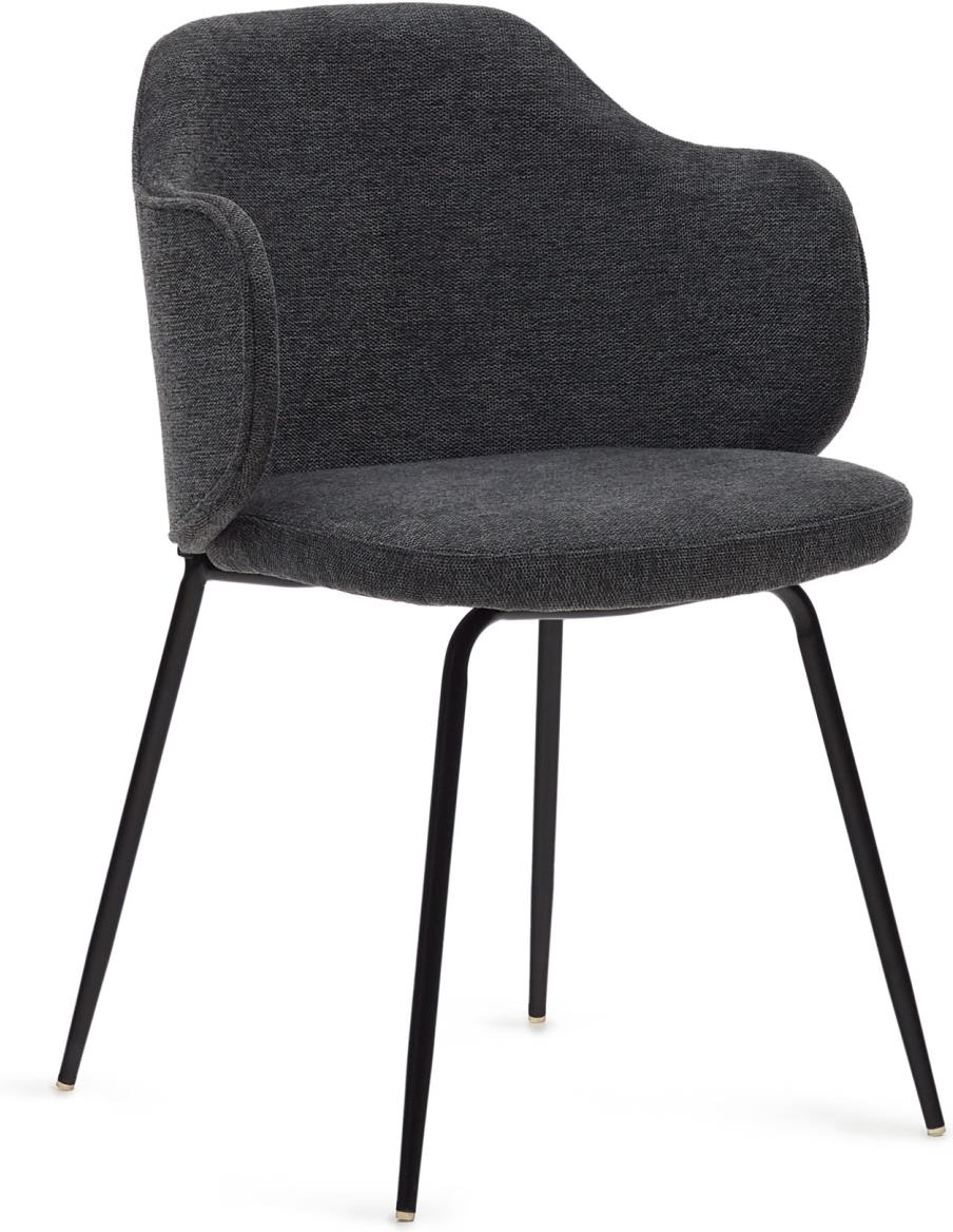 Spisebordsstol Kave Home Yunia med armlæn grå chenille stof pulverlakeret sort metalstel