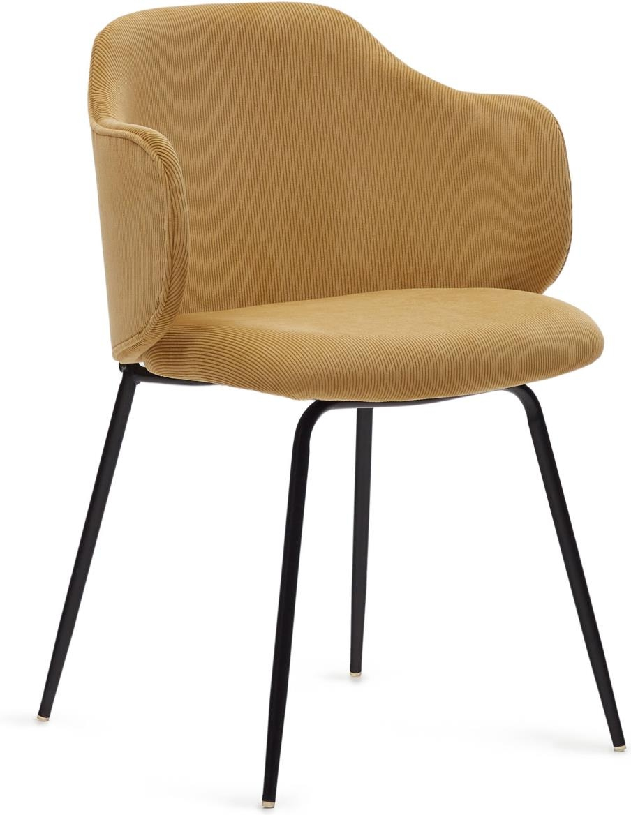 Kave Home Yunia spisebordsstol med armlæn chenille sennep og sort metalstel