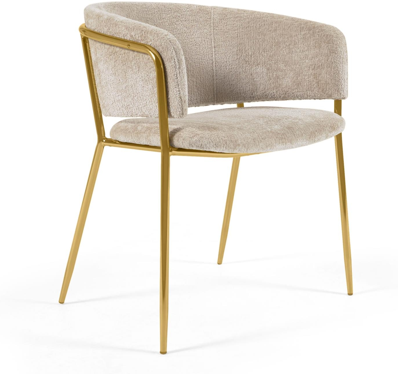 Polstret spisebordsstol med armlæn Kave Home Runnie beige chenille guldfarvet stel