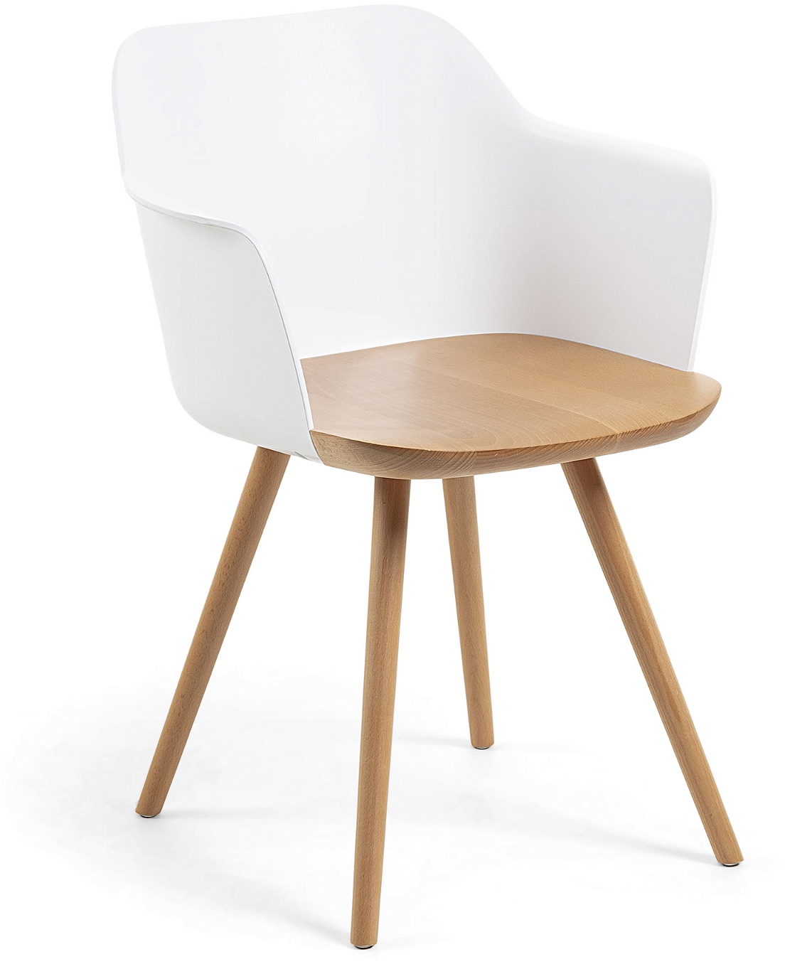 Kave Home Bjorg spisebordsstol med armlæn - hvid/natur, massiv bøgetræ og polypropylen