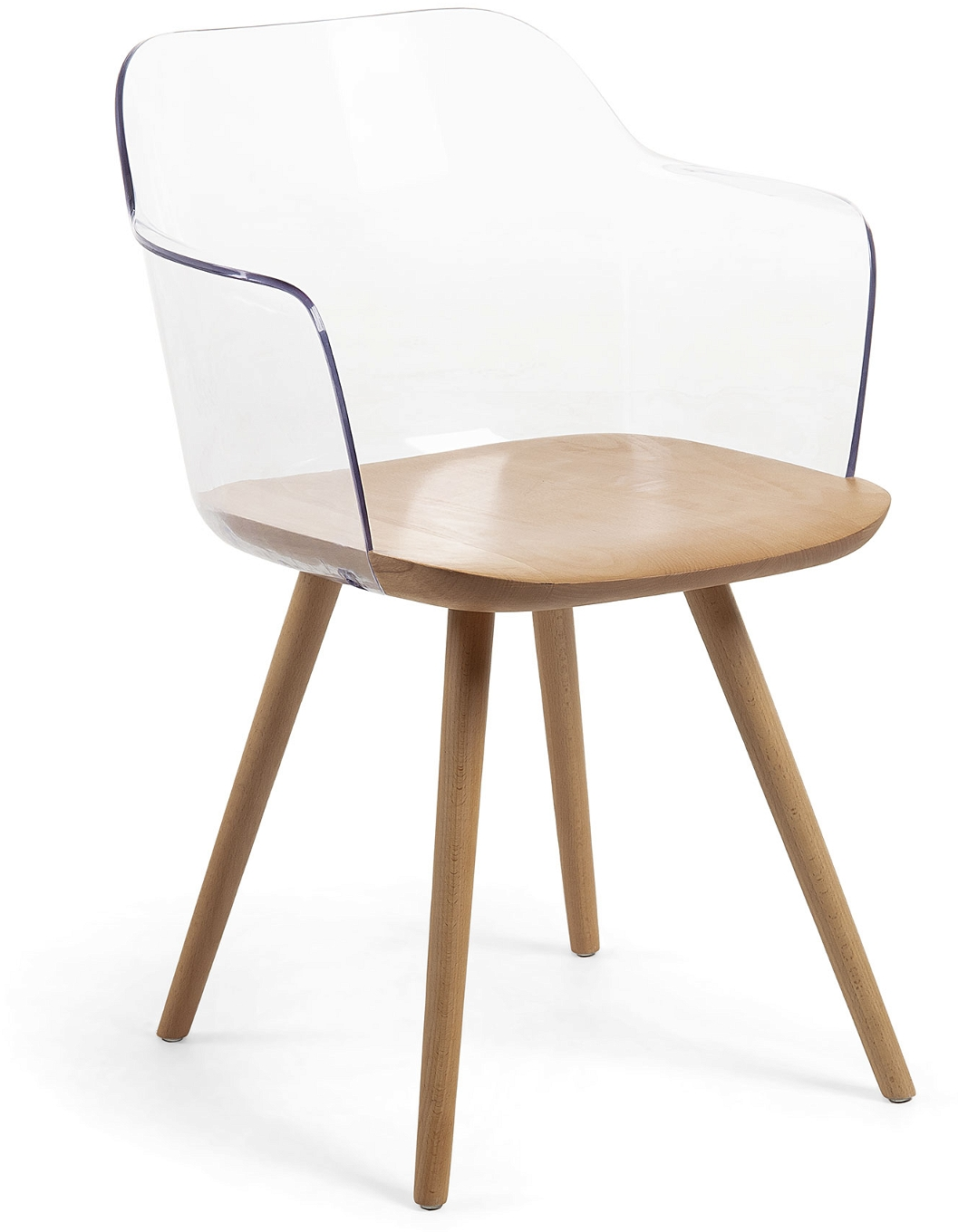 Spisestuestol Kave Home Bjorg med armlæn i klar polycarbonat & massiv bøgetræ nordisk design