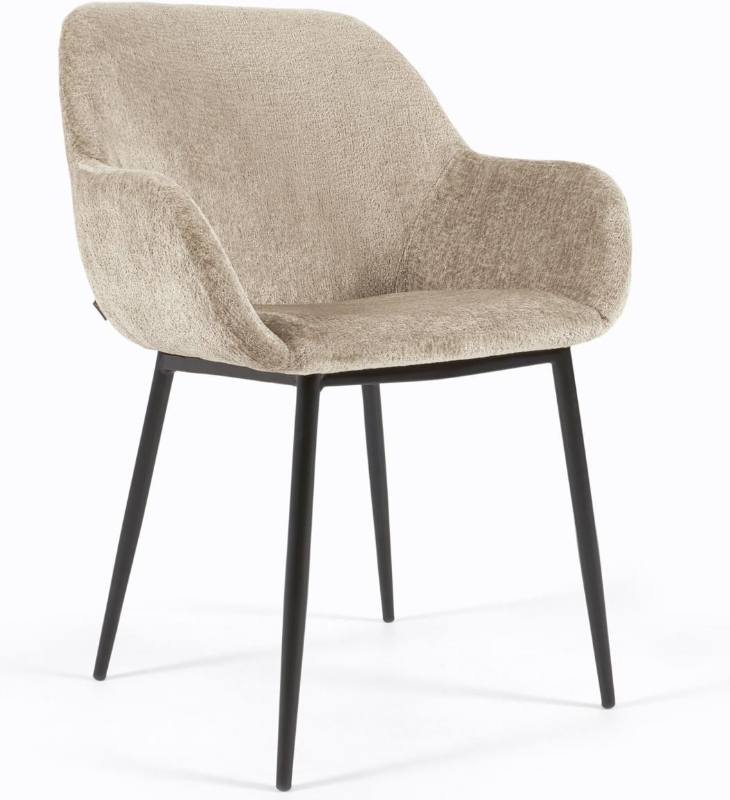 Spisebordsstol med armlæn Kave Home Konna beige polstret shaggy chenille vintage industriel