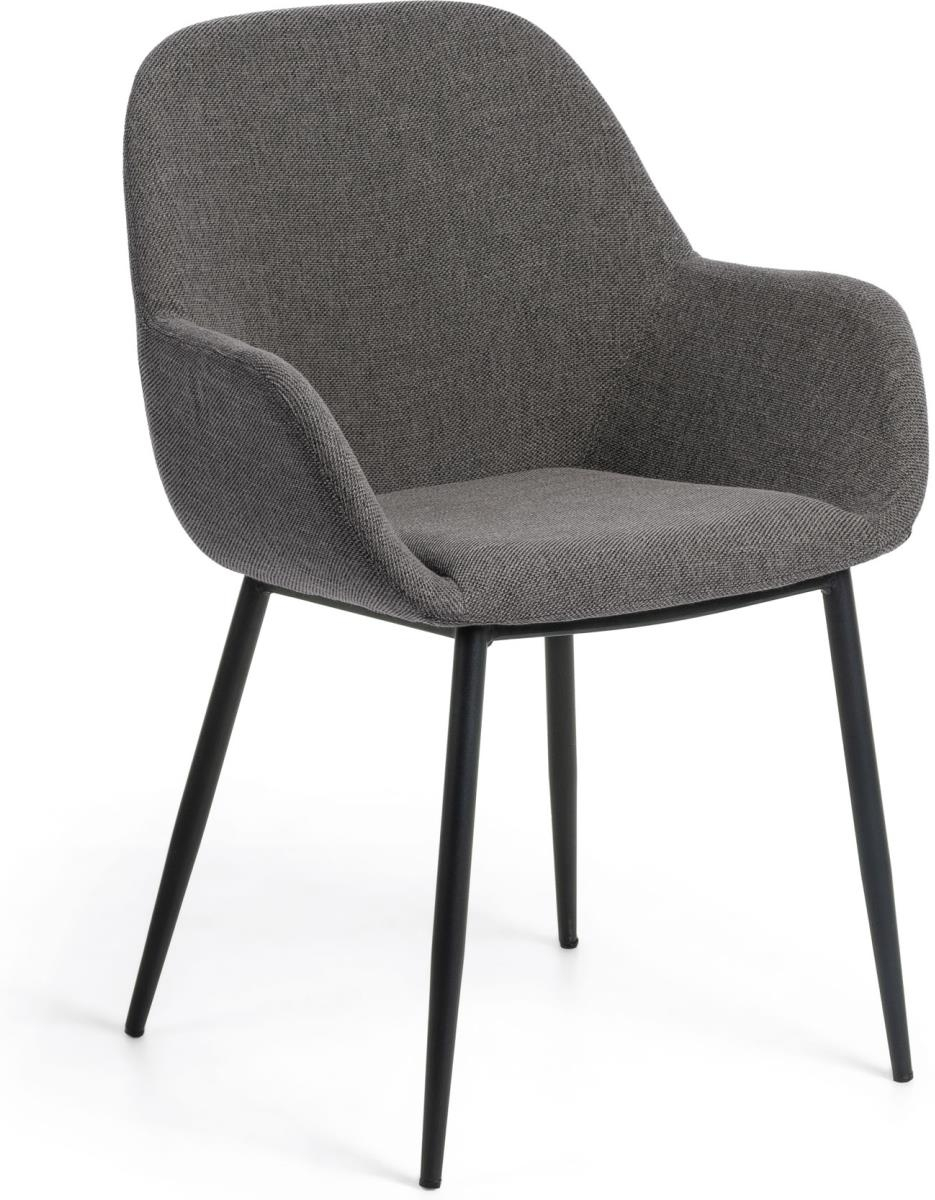 Spisebordsstol med armlæn Kave Home Konna - mørkegrå polstret stof og sort stålramme