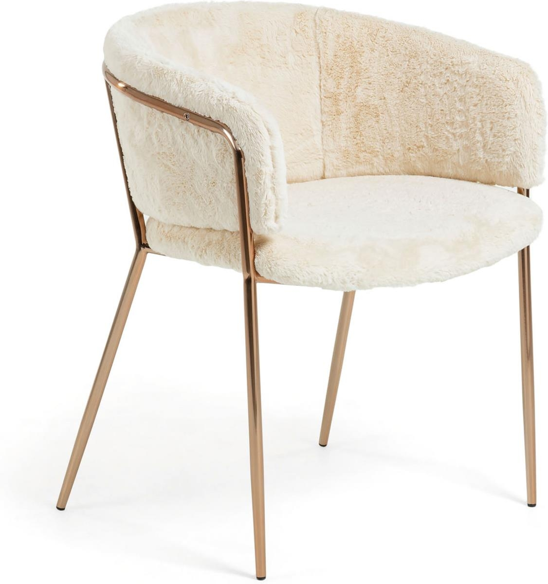 Polstret nordisk spisebordsstol med armlæn Kave Home Runnie faux fur hvid kobberstel