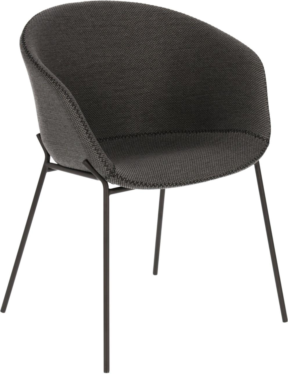 Spisebordsstol med armlæn Kave Home Yvette, grå twill stof og sort pulverlakeret stålben