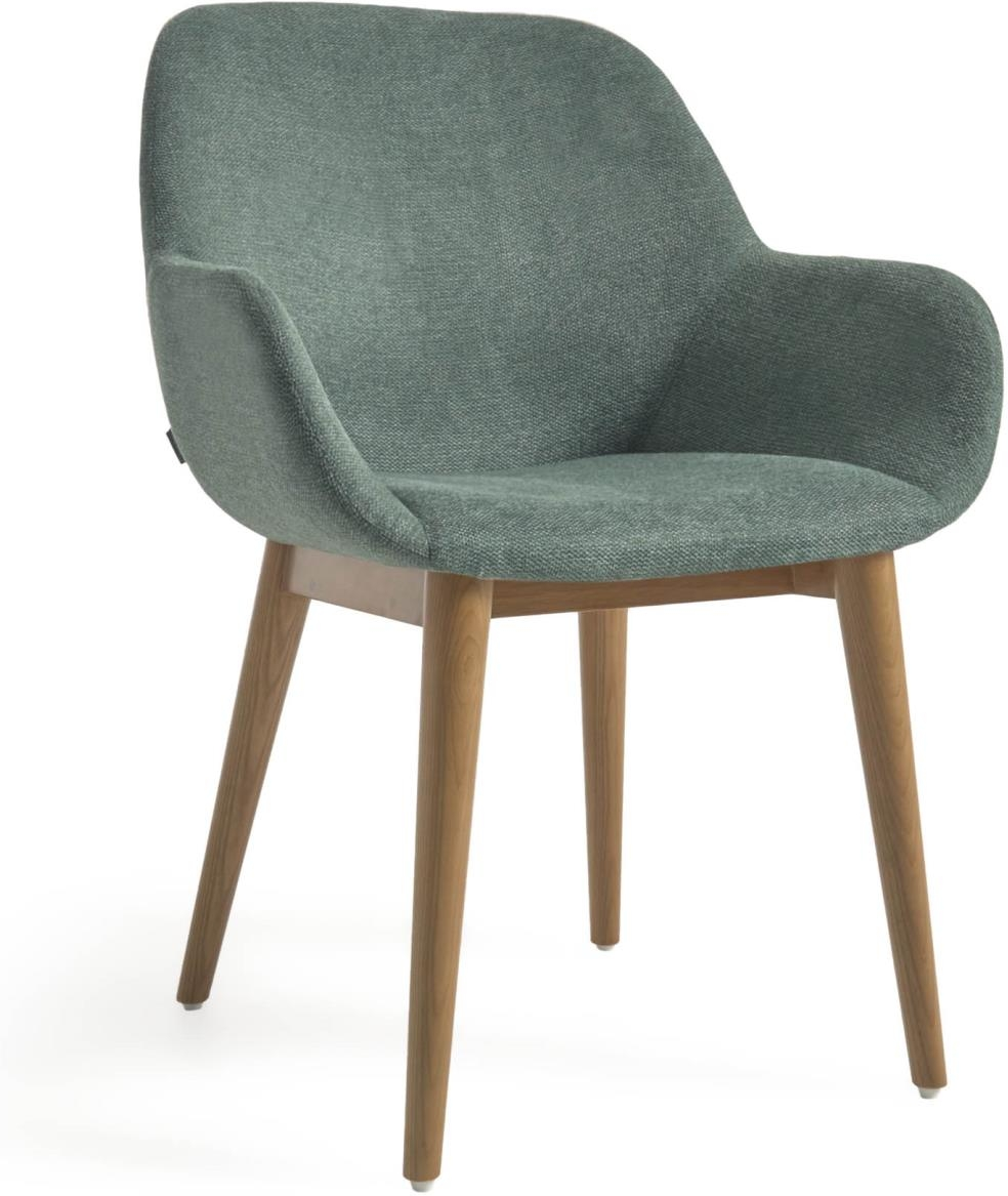 Spisebordsstol med armlæn Kave Home Konna - grøn polstret i chenille-lignende stof med asketræben