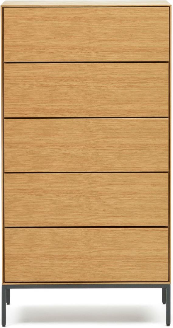 Kommode Kave Home Vedrana natur/sort i egetræsfinér med stålben og 5 push-to-open-skuffer