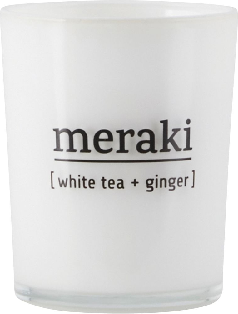 Duftlys Meraki White Tea & Ginger i hvidt glas Ø5,5×H6,7 cm, soyavoks, 12 timers brændetid