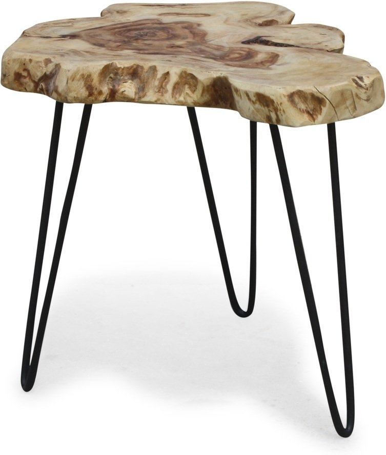 Sidebord OBUZI BlackSea Edge naturtræ Ø50 x H45 cm - rustikt småbord i rosentræ med jernben