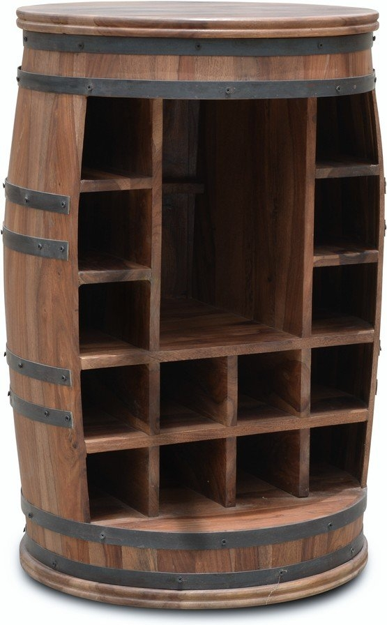 Vintønde barskab OBUZI Rosey-Jo, vinmøbel i mørkt rosentræ & jernbånd, Ø55 x H80 cm
