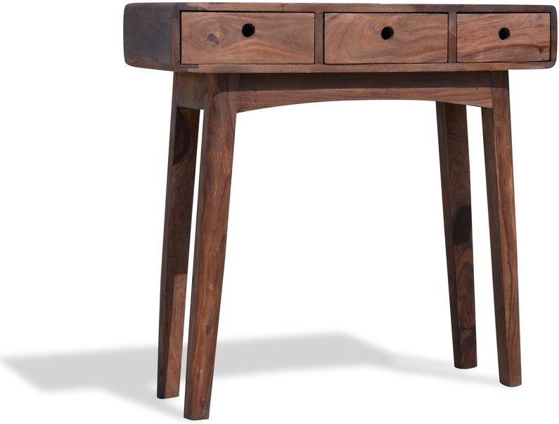 Konsolbord OBUZI Stuka - massivt rosentræ med 3 skuffer, retro design, mørk natur, 80x30x80 cm