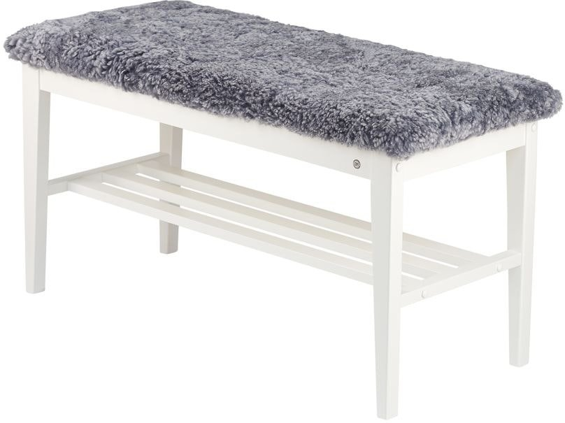 Entrébænk Oscarssons Möbel Nadja i hvidolieret birk med lysegråt fåreskind, 90x40x46 cm