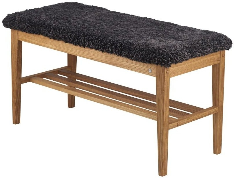 Entrébænk Oscarssons Möbel Nadja, mørkegråt fåreskind i olieret eg, H46xL90xD40