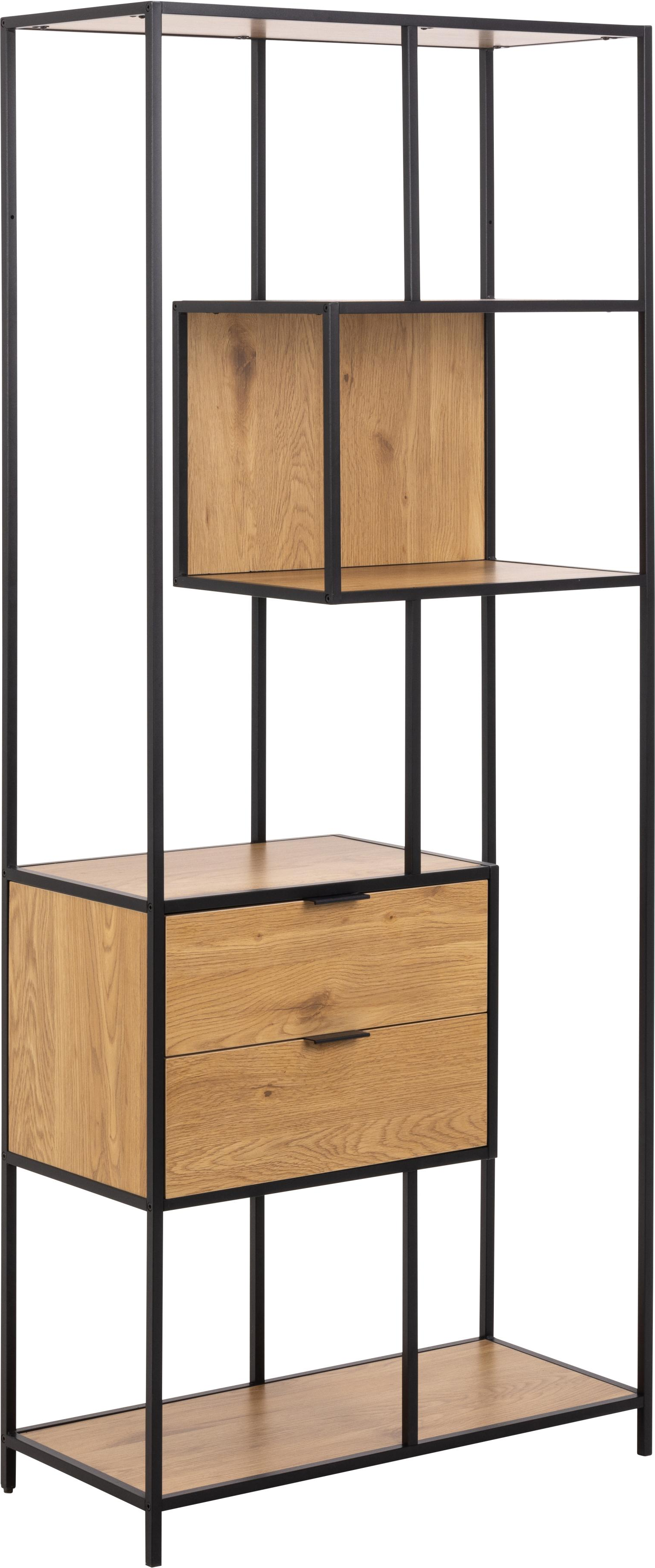 Opbevaringsreol Signature Alira - mat vild eg og sort stål 185x77x35 cm, 2 skuffer 4 hylder