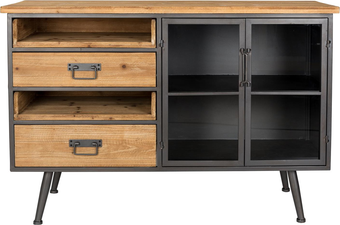 Skænk Studio White Damian - Antracit grantræ og pulverlakeret jern, 113x40x75 cm, 2 skuffer, industrielt design