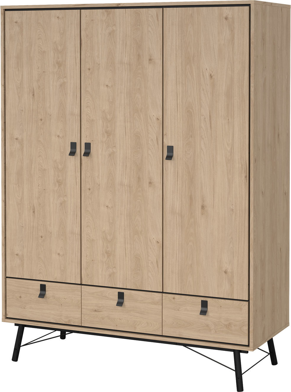 Garderobeskab Vesterholm Askø 3 døre 3 skuffer, Jackson Hickory trælook H200×B150×D60 cm, FSC-spånplade, metalgreb