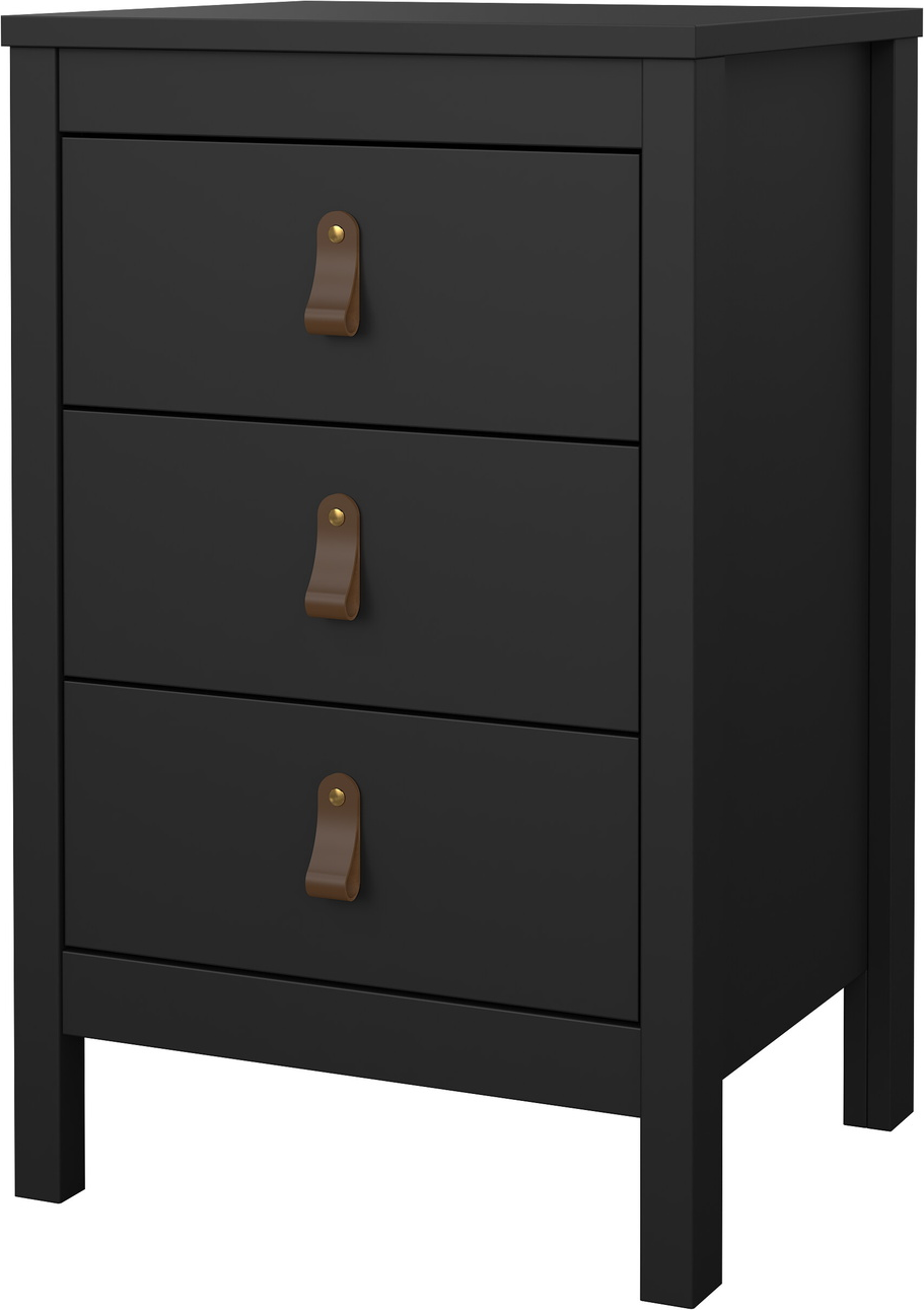 Sengebord Vesterholm Lunor natbord, 3 skuffer, mat sort, H70 cm, inkl. læder- og metalgreb, FSC, antivælteanordning