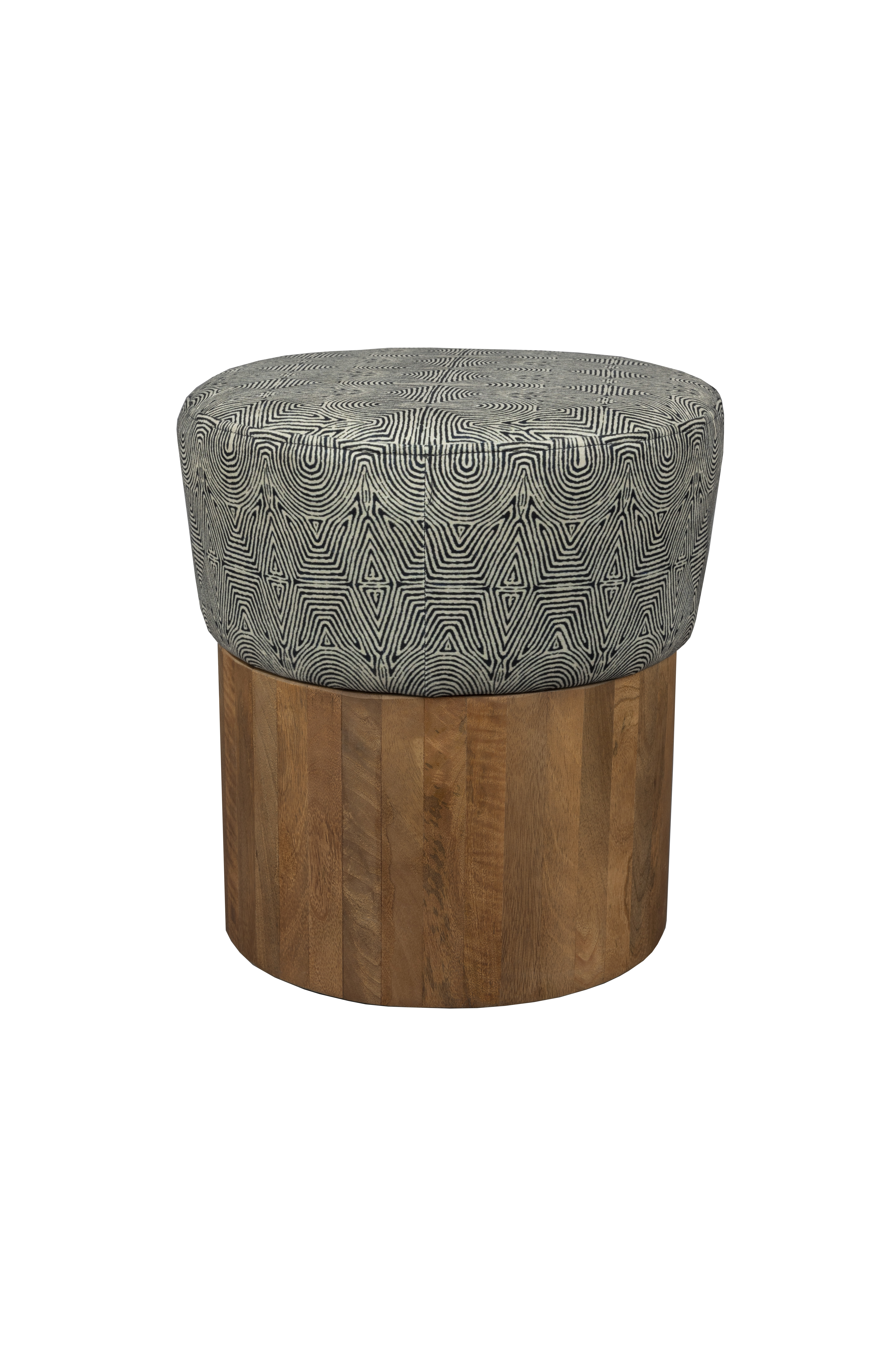 DUTCHBONE Fragment skammel, rund - grå grafisk print stof og valnøddefarvet mangotræ (Ø