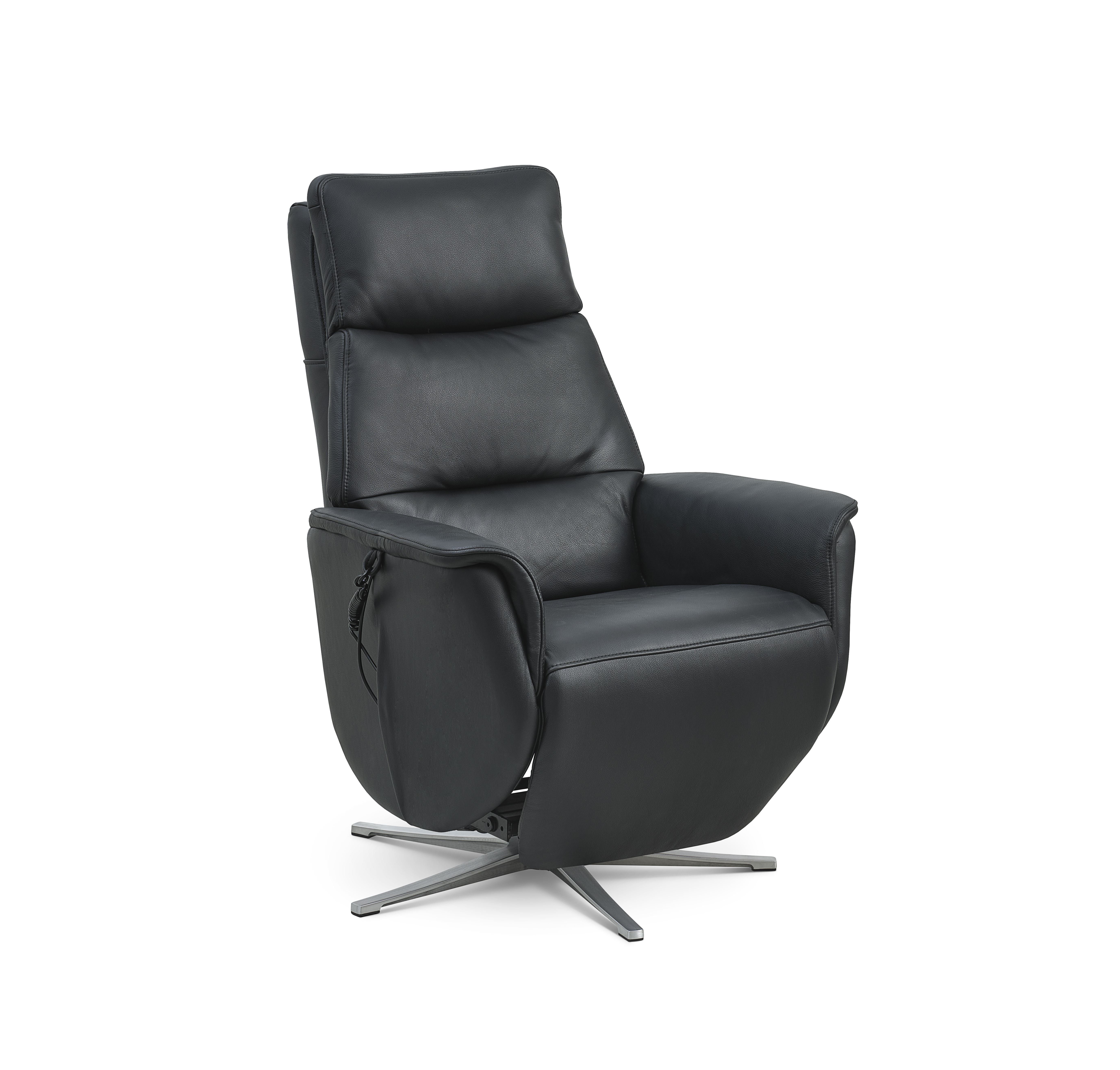 Nicolai recliner stol, 3 motorer, armlæn, vippefunktion, fodskammel - sort semianilin læder, metal