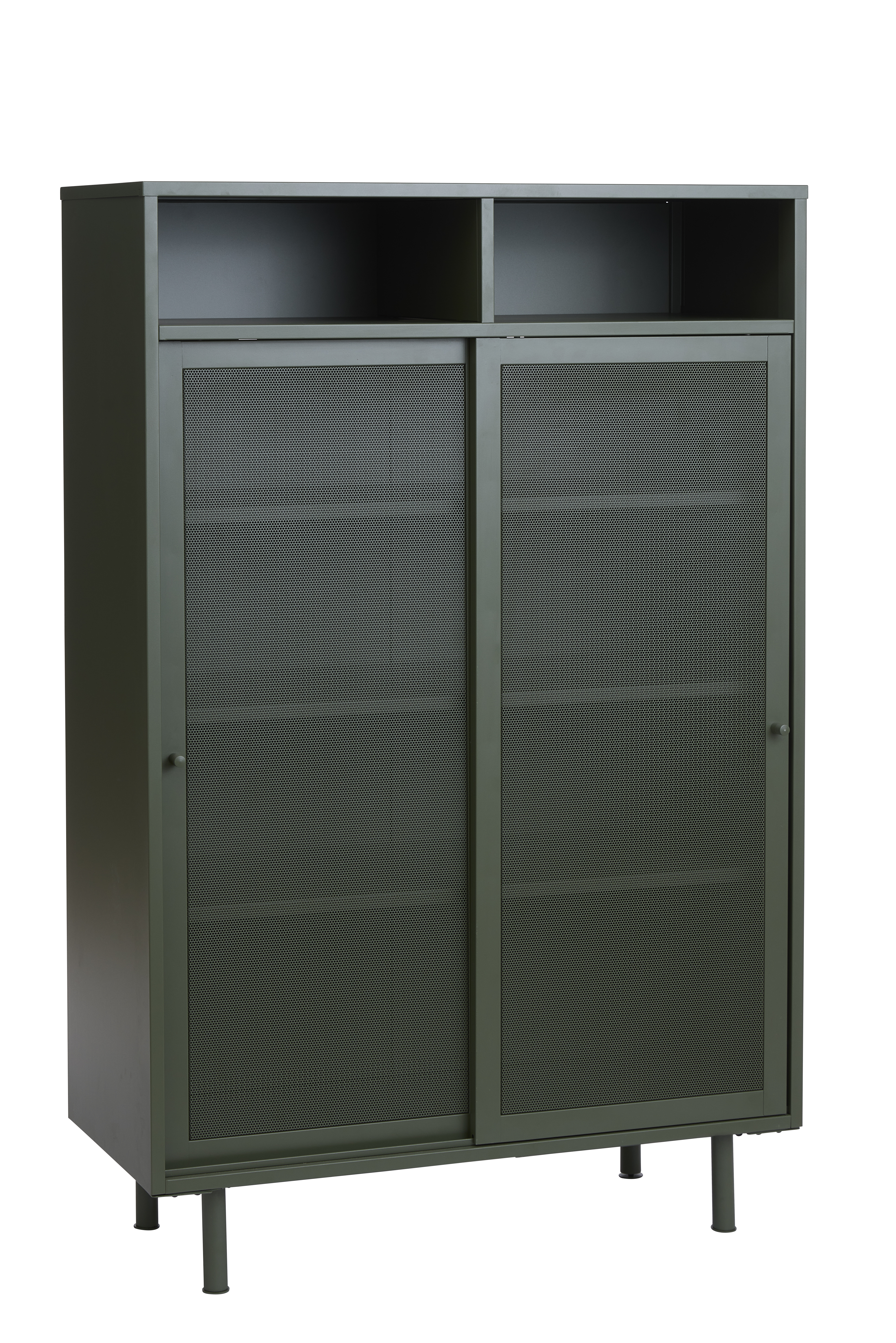 Veep skab, m. 2 skydelåger og hylder - olivengrøn metal (H:140)