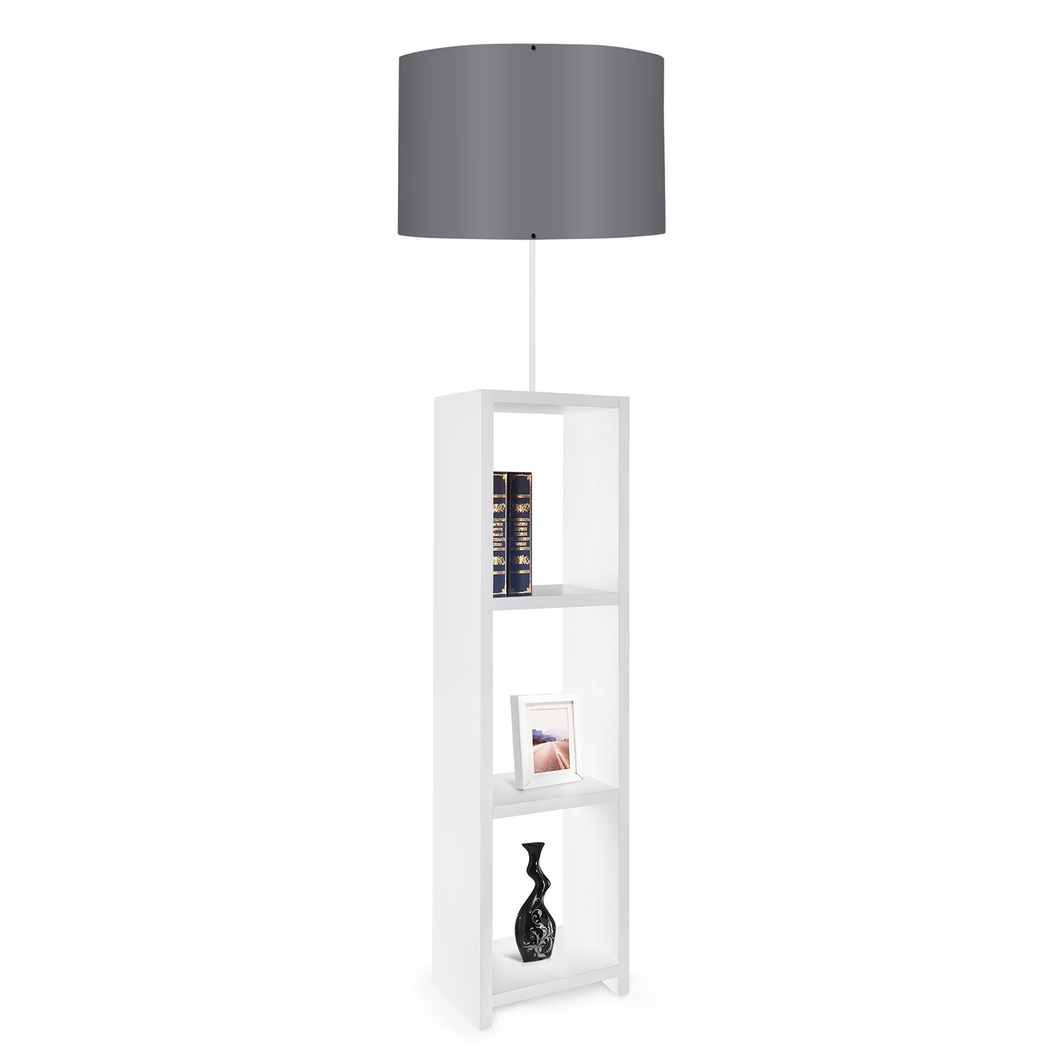 LUMI Alcalá de Henares gulvlampe, m. 3 hylder - grå PVC og hvid træ