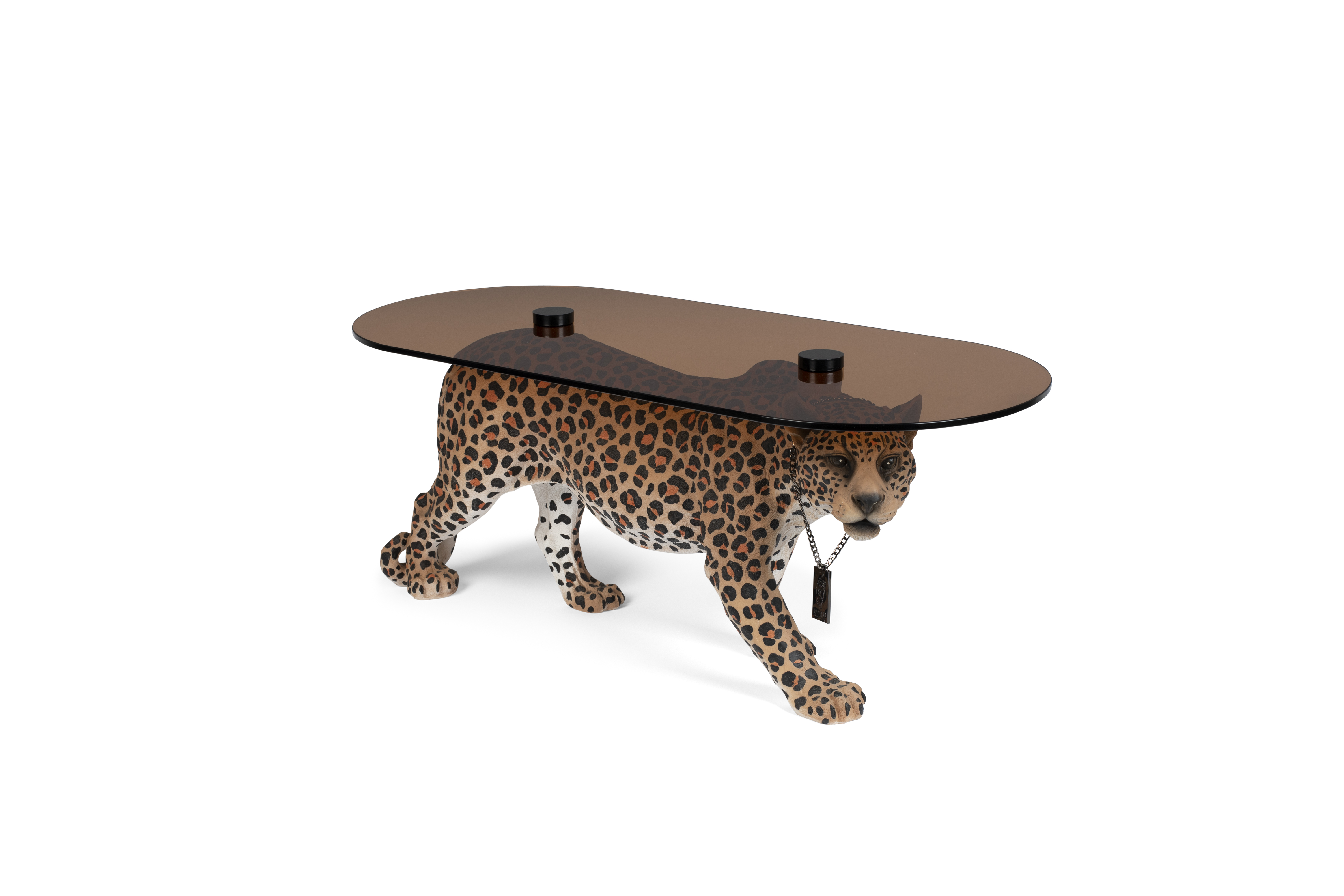 BOLD MONKEY Dope as hell sofabordet - røgsort glas og multifarvet panter plettet harpiks (90x40)