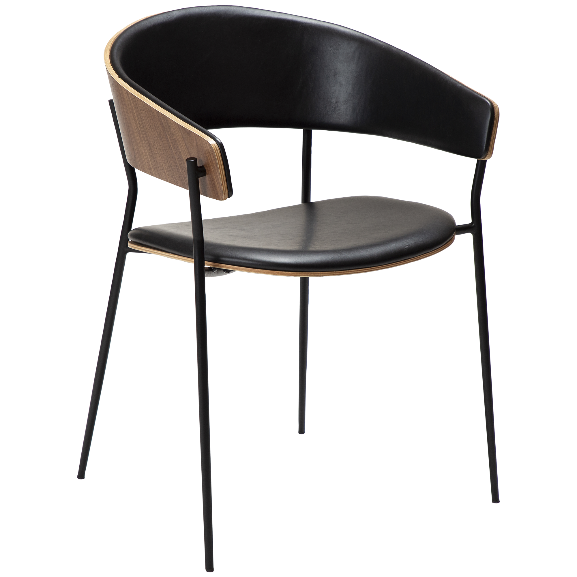 DAN-FORM CRIB spisebordsstol, m. armlæn - Vintage sort kunstlæder, valnøddefiner og sort metal